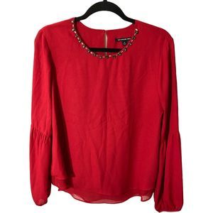 Zac & Rachel Petite Women’s PL Red Sheer Lined Scoop Neck Gemstones Top Blouse